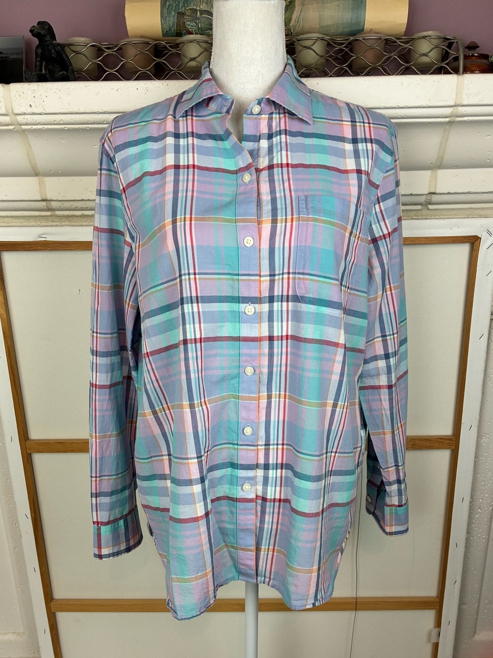 Chaps Ralph Lauren All Cotton Pastel Plaid Button-Down Shirt in Blue, Pink, Mint